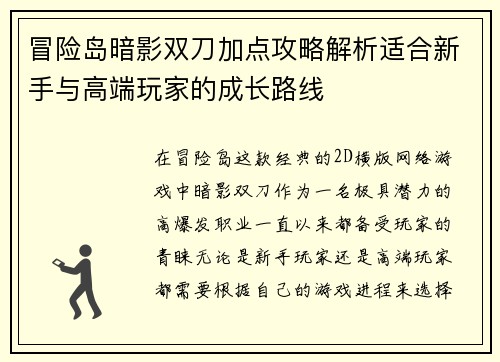 冒险岛暗影双刀加点攻略解析适合新手与高端玩家的成长路线